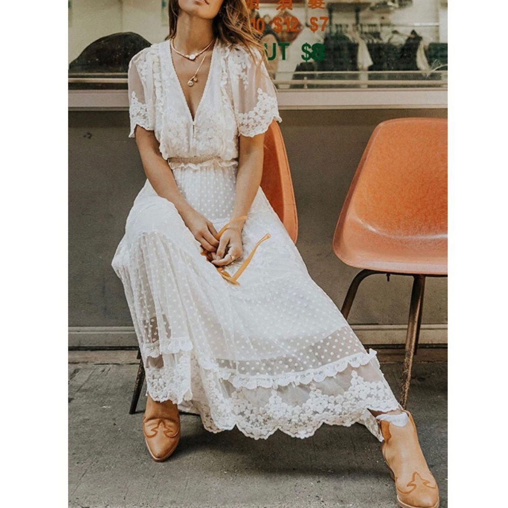 ✦🎉HP🎉NWT Boho White Embroidered Lace Maxi Dress✦ - Picture 2 of 8